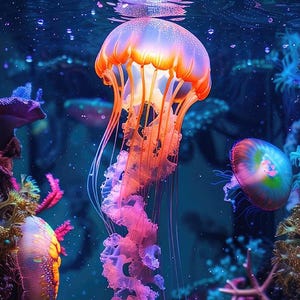 Puede incluir: Una vibrante escena submarina que presenta una gran medusa brillante de color naranja y rosa con largos tentáculos colgantes. Rodeando a la medusa hay varios corales coloridos, anémonas de mar y medusas más pequeñas en tonos verde neón, morado y rojo.