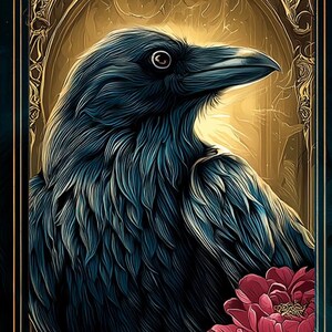 May include: A vertical illustration shows a dark blue raven with detailed feathering, set against a golden background. Crimson peonies and green leaves frame the raven. The text "Easily Distracted by Books" is at the bottom.