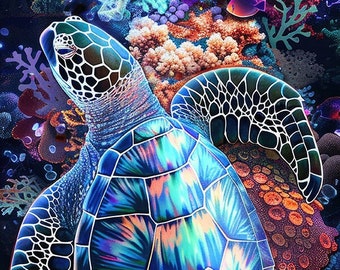 May include: A vibrant underwater scene with a sea turtle swimming through coral reefs. The turtle has a blue, green, and purple shell with white lines. The coral reefs are in shades of pink, orange, red, and purple. There are also small fish swimming around the turtle.