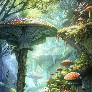 Könnte beinhalten: Eine fantasievolle Waldszene mit einem großen, grünen Pilz und einem Steinweg, der zu einem schmiedeeisernen Tor führt. Der Wald ist voller Moos, Farne und anderer grüner Pflanzen, und es gibt viele kleinere Pilze, die überall verstreut sind.