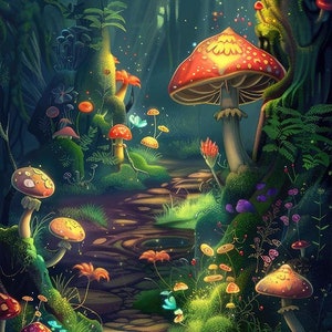 May include: A whimsical forest scene with a winding stone path, lush green foliage, and colorful mushrooms. The mushrooms are various sizes and shapes, with red, yellow, and orange caps. The scene is illuminated by soft sunlight filtering through the trees.