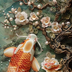May include: A close-up of a 3D embroidered artwork depicting two orange and white koi fish swimming amongst white flowers and green leaves. The artwork is embellished with pearls and beads.
