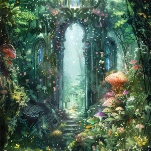 Puede incluir: Una escena de bosque caprichosa con un arco de piedra que conduce a un camino bordeado de escalones. El bosque es exuberante y verde con flores vibrantes y hongos de varios colores y formas.
