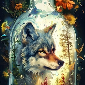 Mundo estreito de lobo de fantasia em uma garrafa com 8 padrões compatíveis com PDF para download digital instantâneo, impressão de gráfico de ponto cruz contado