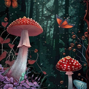 May include: A whimsical forest scene with colorful mushrooms, glowing crystals, and butterflies. The mushrooms are various shapes and sizes, with red, orange, and purple hues. The crystals are blue and sparkle. The butterflies are orange and black.