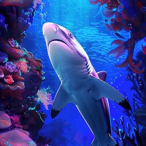 Op de afbeelding: Een blauwe en witte haai zwemt door een levendig koraalrif. Het rif is gevuld met kleurrijke vissen, waaronder oranje, roze en blauwe vissen. De achtergrond is een diepblauwe oceaan.