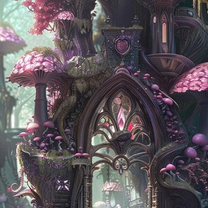 Puede incluir: Una ilustración de temática fantástica de un camino de piedra que conduce a través de un gran arco ornamentado. El arco está cubierto de enredaderas y flores, y hay grandes hongos rosados creciendo a ambos lados del camino. La escena recuerda a un cuento de hadas o un bosque mágico.