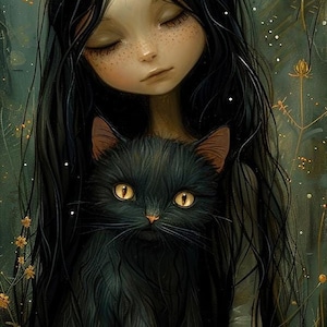 May include: A young girl with long black hair and closed eyes sits in a field of orange flowers. She is holding a black cat with yellow eyes. The background is a dark green with a soft, dreamy feel.