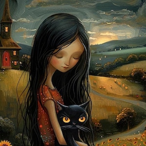 May include: A young woman with long black hair sits in a field of sunflowers, holding a black cat. The sky is dark with a crescent moon and stars.