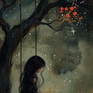 May include: A dark, whimsical illustration of a girl swinging from a tree branch under a crescent moon. The sky is filled with stars and a single black cat sits on a tree branch in the foreground.