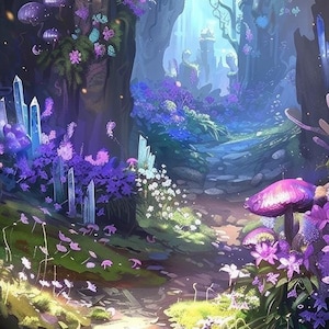 以下が含まれることがあります： 木立の中を縫うように続く小道のある、魔法の森の風景。小道は紫の花と光るキノコで飾られています。風景は柔らかく、幻想的な光に包まれています。