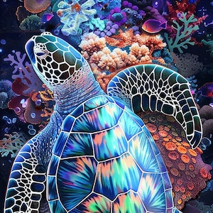 Puede incluir: Una escena submarina vibrante con una tortuga marina nadando a través de arrecifes de coral. La tortuga tiene un caparazón azul, verde y morado con líneas blancas. Los arrecifes de coral están en tonos de rosa, naranja, rojo y morado. También hay pequeños peces nadando alrededor de la tortuga.