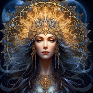 Puede incluir: Una mujer con el pelo largo y azul oscuro lleva una corona dorada con intrincados detalles. Lleva un delicado collar y pendientes de oro. El fondo es azul oscuro con estrellas y dos lunas.