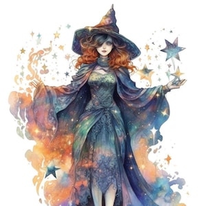 May include: A woman dressed as a witch with a pointed hat and flowing cape stands in front of a swirling galaxy background. She holds a star in her right hand and a glowing orb in her left hand. The stars are scattered throughout the image.