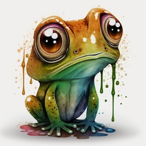 May include: A cartoon frog with large, brown eyes and a green, orange, and yellow body. The frog is sitting on a white background with colourful paint splatters.