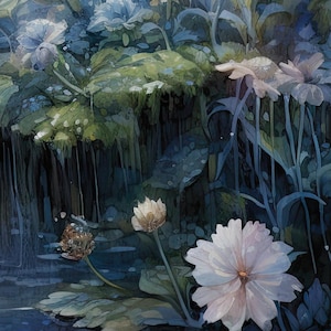 May include: A painting depicting a lush, green and blue woodland with white flowers. The flowers are in the foreground and the woodland is in the background. The painting is executed in a realistic style.