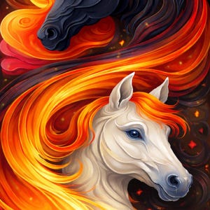 May include: An artistic depiction of two horses, one black and one white, with flowing manes of fiery orange and yellow. The black horse is set against a golden orb, creating a dramatic contrast. The artwork evokes a sense of fantasy.
