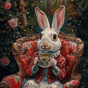 May include: A white rabbit with long ears sits in a red upholstered armchair with gold carved wood details. The rabbit wears a red jacket and light-coloured trousers while holding a small, patterned teacup and saucer in its hands.