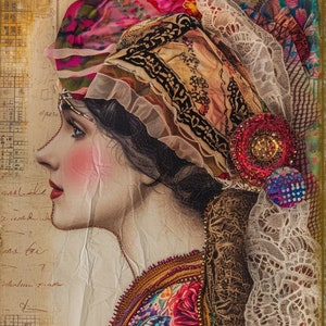 Puede incluir: Un retrato de una mujer con cabello oscuro, inspirado en la época vintage, que lleva un pañuelo de cabeza colorido y un velo de encaje. El rostro de la mujer está parcialmente oculto por el velo, pero sus ojos y labios son visibles. El fondo es un papel texturizado y envejecido con texto escrito a mano.