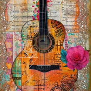 Op de afbeelding: Een vintage akoestische gitaar met een bruin houten body en een zwart toetsbord. De gitaar is versierd met kleurrijke bloemenpatronen en muzieknoten. De achtergrond is een collage van oud papier met handgeschreven notities en muziekpartituren.