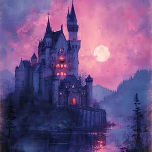 May include: A large, gray stone castle with tall towers and a pointed roof sits on a cliff overlooking a still body of water. The sky is a vibrant pink and purple with a large, white moon in the sky.