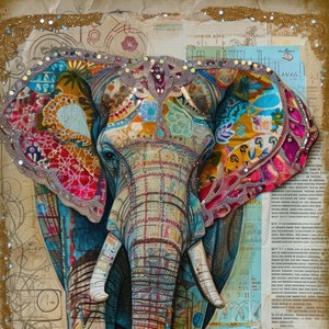 Può includere: Un'illustrazione colorata e dettagliata di un elefante con un design a motivi. L'elefante è in piedi su uno sfondo di carta vecchia con testo e forme geometriche.