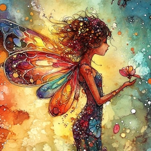 Könnte beinhalten: Aquarellmalerei einer Fee mit bunten Flügeln, die eine Blume hält, inmitten eines lebendigen Gartens. Das Kunstwerk zeigt eine Mischung aus Rosa-, Orange- und Blautönen mit Schmetterlingen und Blumen.