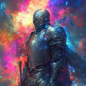 Puede incluir: Ilustración de un caballero con armadura, sosteniendo una espada, sobre un fondo de nebulosa colorida. Los colores vibrantes, rojo, azul y morado, crean un ambiente fantástico y cósmico.