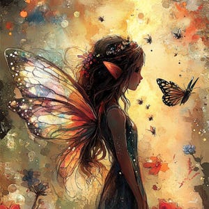 Może przedstawiać: Eteryczny obraz wróżki w zwiewnej niebieskiej sukni, z dużymi, kolorowymi skrzydłami. Stoi na polu kwiatów, z motylem w pobliżu. Tło przedstawia duży księżyc i ciepłe, jasne światło.