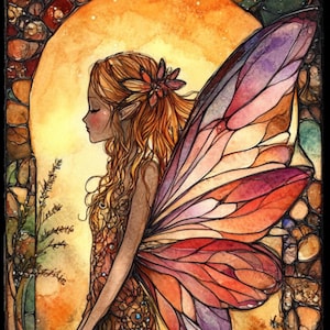 May include: Watercolour illustration of a fairy with orange hair, wings, and a flowing dress. The fairy stands in a garden with colourful flowers, including orange and pink blooms. The background features a warm, golden glow.