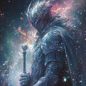 Puede incluir: Arte digital de un caballero con armadura oscura sosteniendo una espada brillante. El caballero se encuentra sobre un fondo de nebulosa con estrellas y polvo cósmico, creando un tema de fantasía.
