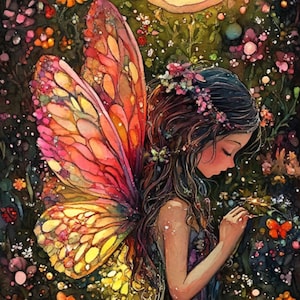 Puede incluir: Una vibrante ilustración de un hada en un prado lleno de flores. El hada tiene alas coloridas y un vestido floral. El fondo presenta una luna llena y mariposas, con una variedad de flores coloridas.