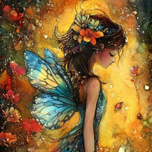 Könnte beinhalten: Ein Aquarellgemälde einer Fee mit Schmetterlingsflügeln und einem fließenden Kleid. Das Kunstwerk zeigt eine warme Farbpalette mit Rot-, Orange- und Gelbtönen und spielt in einem skurrilen Garten mit Blumen.