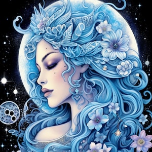 May include: A digital painting of a woman with long blue hair and a crown of flowers. She is surrounded by a blue moon and stars. The painting is done in a whimsical style.