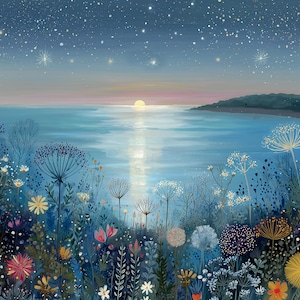May include: A landscape painting featuring a field of wildflowers in shades of blue, white, yellow, and red in the foreground. The background shows a calm sea under a twilight sky filled with stars and a glowing sun setting on the horizon.