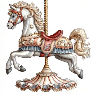 May include: A white carousel horse with a red, white, and blue saddle and a beige and blue skirt. The horse has a white mane and tail and is decorated with seashells.