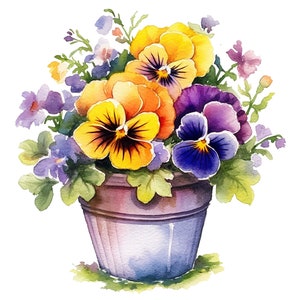 Può includere: Un dipinto ad acquerello di un vaso di violette viola, gialle e arancioni. Le violette sono in un vaso di colore viola chiaro con un bordo bianco.