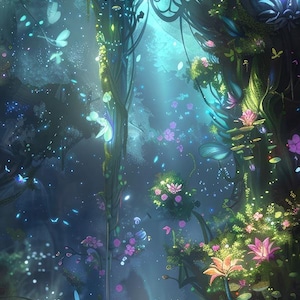 以下が含まれることがあります： 光る花、キノコ、滝のある魔法の森の風景。森はピンク、ブルー、グリーンなど、鮮やかな色でいっぱいである。