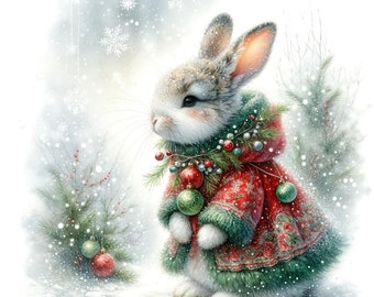 Watercolor Christmas bunny rabbit PDF instant digital download counted cross stitch pattern keeper compatible 14ct BW, color chart printout