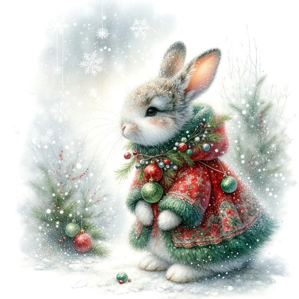 Watercolor Christmas bunny rabbit PDF instant digital download counted cross stitch pattern keeper compatible 14ct BW, color chart printout