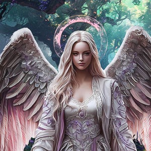 May include: A woman with long blonde hair and white wings stands in a forest. She is wearing a white dress with a floral pattern. The background is a lush green forest with trees and flowers.