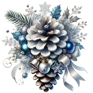 Puede incluir: Un adorno navideño plateado y azul con una piña, campanas y bolas azules. El adorno está decorado con copos de nieve plateados y blancos y una cinta plateada.