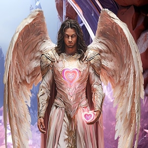 Peut inclure: Illustration numérique d'une figure avec de grandes ailes de plumes. La figure porte une armure ornée avec un motif de cœur brillant sur la poitrine et tient un cœur brillant. La palette de couleurs comprend l'or, le rose et le blanc.