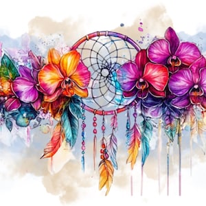 May include: Watercolor illustration of a dreamcatcher with vibrant orchids in shades of orange, purple, and pink. Colorful feathers and beads dangle below the dreamcatcher, set against a soft, watercolor background. The artwork evokes a bohemian aesthetic.