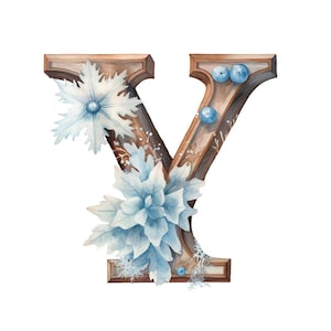 May include: Watercolour illustration of the letter Y decorated with blue flowers and berries. The letter is made of wood and has a rustic look.