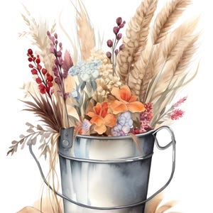 May include: A galvanized metal bucket filled with a bouquet of dried flowers, including wheat, pampas grass, and various wildflowers in shades of beige, brown, orange, and purple.