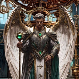 May include: A winged angel figure with a halo, wearing silver and green armor, holding a staff with a green gem at the top. The angel is standing in a cathedral-like setting.