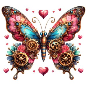May include: A steampunk-style butterfly with intricate gears and cogs, painted in shades of pink, blue, and gold. The butterfly is surrounded by small pink hearts.