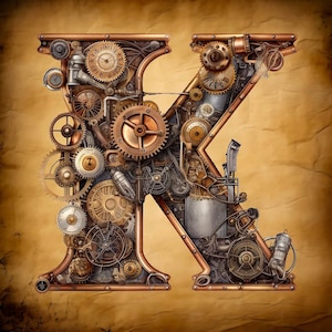 Alfabeto steampunk com letra K, tamanho grande, compatível com PDF, download digital instantâneo, impressão colorida em preto e branco de 18 quilates