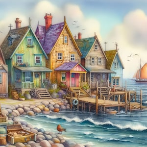 May include: A watercolour painting depicting a charming seaside village with brightly coloured houses built on stilts over the water. The houses feature wooden decks and railings, and there is a small jetty in the foreground. The water is blue and choppy, with white clouds in the sky.
